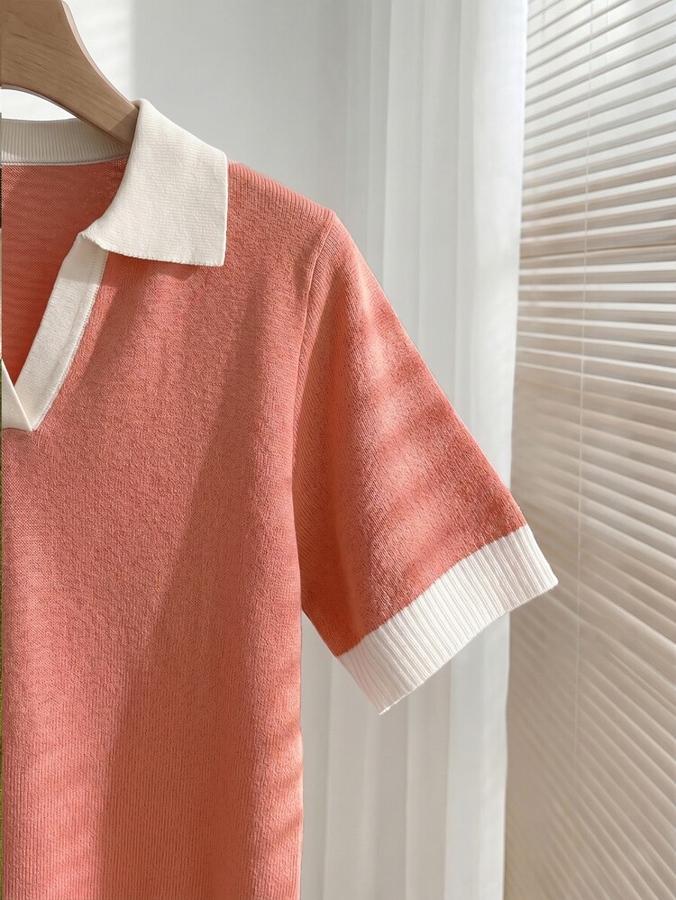 SHEIN Women's Spring/Summer Colorblock Simple Preppy Casual Polo Collar Short Sleeve Fitted Knit Top, Vacation, Elegant Versatile Lapel, Brunch - Watermelon Pink - View 7
