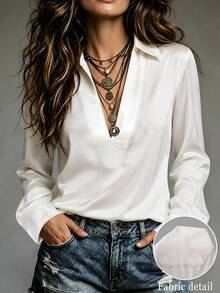 SHEIN Women's Regular Long Sleeve Turn Collar Casual Loose Satin Elegant Blouse, White, Holiday, Women's Office Blouse, Elegant - White - View 3