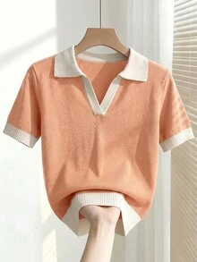SHEIN LUNE 女款春夏橘色與白色簡約休閒學院風 Polo 領短袖修身針織上衣，適合日常穿著、度假、優雅校園風 - 橘色 - 查看 7