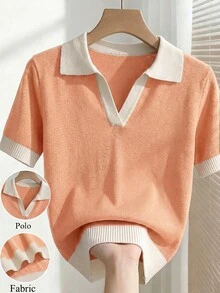 SHEIN LUNE 女款春夏橘色與白色簡約休閒學院風 Polo 領短袖修身針織上衣，適合日常穿著、度假、優雅校園風 - 橘色 - 查看 8