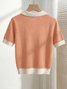 SHEIN LUNE 女款春夏橘色與白色簡約休閒學院風 Polo 領短袖修身針織上衣，適合日常穿著、度假、優雅校園風 - 橘色 - 查看 3