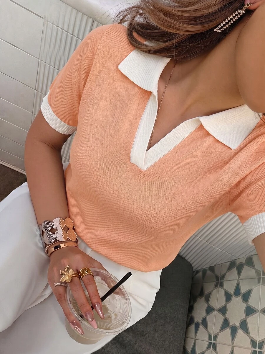 SHEIN LUNE 女款春夏橘色與白色簡約休閒學院風 Polo 領短袖修身針織上衣，適合日常穿著、度假、優雅校園風