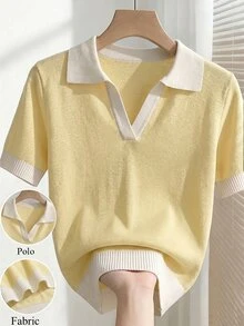 SHEIN 女款春夏拼色簡約休閒學院風 Polo 領短袖修身針織上衣，適合日常穿著、度假，優雅黃色 - 黃色 - 查看 6