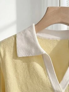 SHEIN 女款春夏拼色簡約休閒學院風 Polo 領短袖修身針織上衣，適合日常穿著、度假，優雅黃色 - 黃色 - 查看 8
