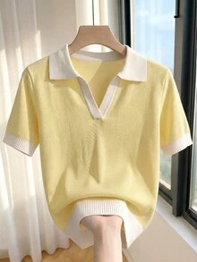 SHEIN 女款春夏拼色簡約休閒學院風 Polo 領短袖修身針織上衣，適合日常穿著、度假，優雅黃色 - 黃色 - 查看 5