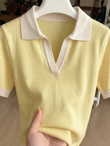 SHEIN 女款春夏拼色簡約休閒學院風 Polo 領短袖修身針織上衣，適合日常穿著、度假，優雅黃色 - 黃色 - 查看 4
