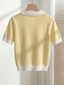 SHEIN 女款春夏拼色簡約休閒學院風 Polo 領短袖修身針織上衣，適合日常穿著、度假，優雅黃色 - 黃色 - 查看 2