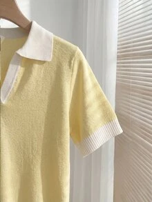 SHEIN 女款春夏拼色簡約休閒學院風 Polo 領短袖修身針織上衣，適合日常穿著、度假，優雅黃色 - 黃色 - 查看 7