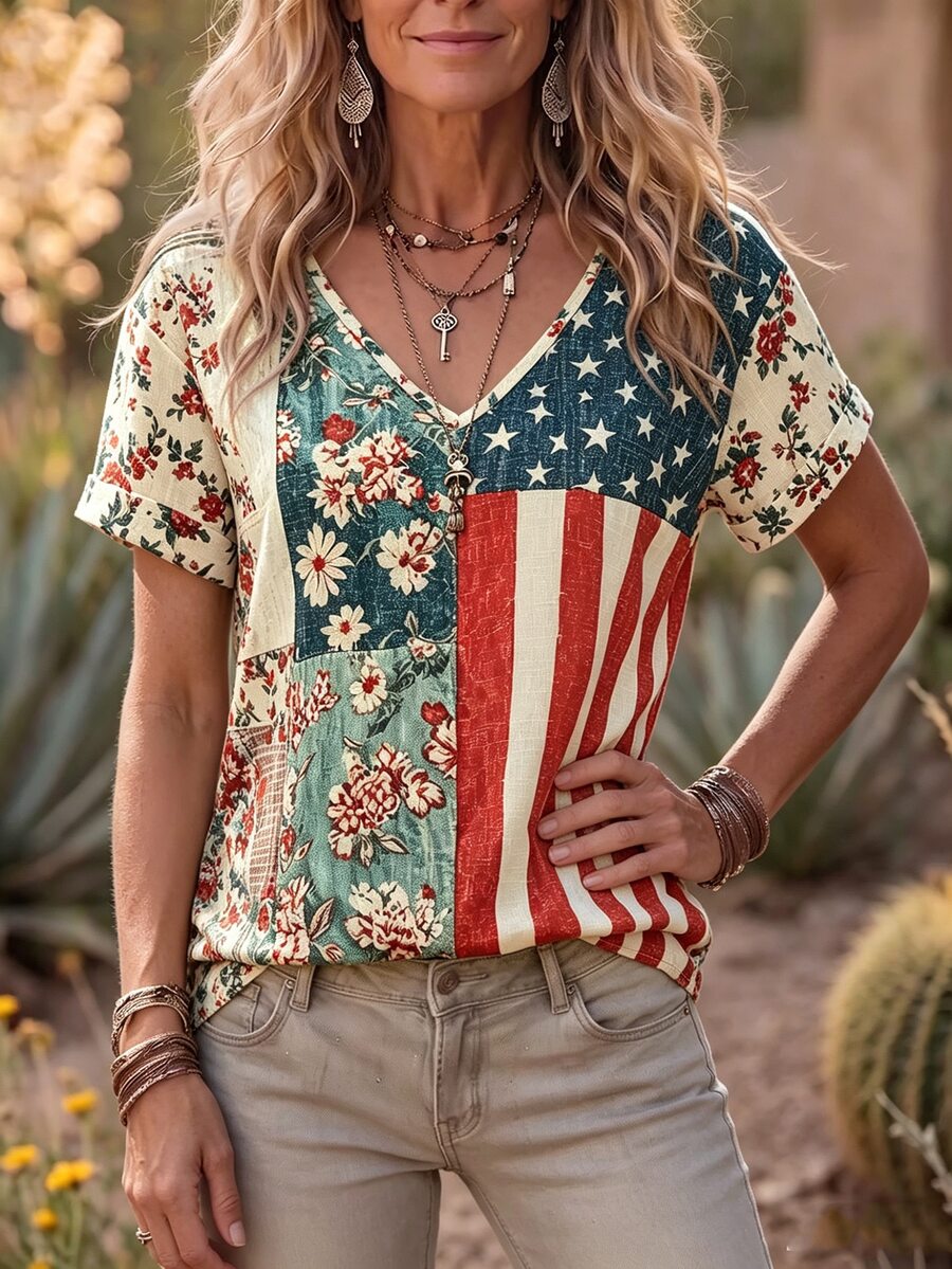 SHEIN Französische Vintage Boho elegante gewebte Damen Sommer Lässig lose V-Ausschnitt Kurzarm Bluse mit amerikanischer Flagge Muster, Urlaub, Landstil Beige