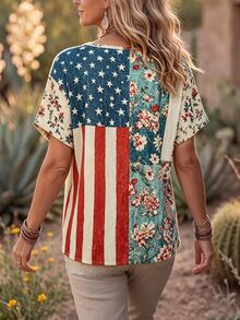 SHEIN Französische Vintage Boho elegante gewebte Damen Sommer Lässig lose V-Ausschnitt Kurzarm Bluse mit amerikanischer Flagge Muster, Urlaub, Landstil Beige - Verschiedenfarbig - Übersicht 3