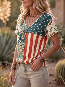 SHEIN Französische Vintage Boho elegante gewebte Damen Sommer Lässig lose V-Ausschnitt Kurzarm Bluse mit amerikanischer Flagge Muster, Urlaub, Landstil Beige - Verschiedenfarbig - Übersicht 6