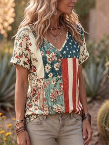 SHEIN Französische Vintage Boho elegante gewebte Damen Sommer Lässig lose V-Ausschnitt Kurzarm Bluse mit amerikanischer Flagge Muster, Urlaub, Landstil Beige - Verschiedenfarbig - Übersicht 8