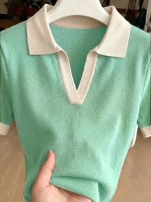 SHEIN 女款春夏撞色學院風休閒 Polo 領短袖修身針織上衣，度假翻領外出早午餐校園綠 - 薄荷藍 - 查看 5