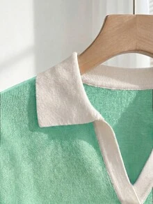 SHEIN 女款春夏撞色學院風休閒 Polo 領短袖修身針織上衣，度假翻領外出早午餐校園綠 - 薄荷藍 - 查看 8