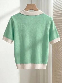 SHEIN 女款春夏撞色學院風休閒 Polo 領短袖修身針織上衣，度假翻領外出早午餐校園綠 - 薄荷藍 - 查看 2