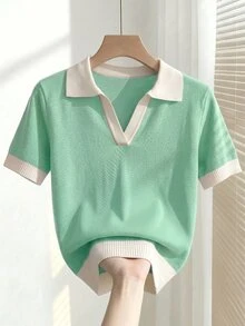 SHEIN 女款春夏撞色學院風休閒 Polo 領短袖修身針織上衣，度假翻領外出早午餐校園綠 - 薄荷藍 - 查看 1