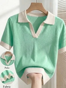 SHEIN 女款春夏撞色學院風休閒 Polo 領短袖修身針織上衣，度假翻領外出早午餐校園綠 - 薄荷藍 - 查看 6
