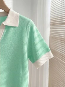 SHEIN 女款春夏撞色學院風休閒 Polo 領短袖修身針織上衣，度假翻領外出早午餐校園綠 - 薄荷藍 - 查看 7