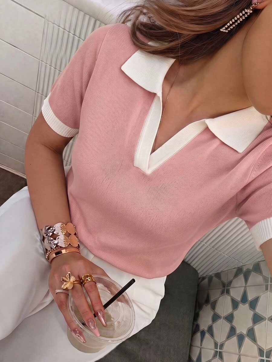SHEIN 女款春夏拼色簡約休閒學院風 Polo 領短袖修身針織上衣,適合日常穿著、早午餐、辦公室,灰粉色 - 藕粉色 - 查看 1