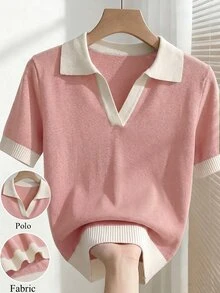 SHEIN 女款春夏拼色簡約休閒學院風 Polo 領短袖修身針織上衣，適合日常穿著、早午餐、辦公室，灰粉色 - 藕粉色 - 查看 6