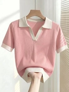 SHEIN 女款春夏拼色簡約休閒學院風 Polo 領短袖修身針織上衣，適合日常穿著、早午餐、辦公室，灰粉色 - 藕粉色 - 查看 5