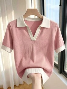 SHEIN 女款春夏拼色簡約休閒學院風 Polo 領短袖修身針織上衣，適合日常穿著、早午餐、辦公室，灰粉色 - 藕粉色 - 查看 4