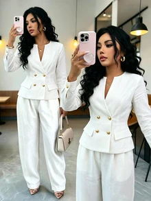 SHEIN Women's White V-Neck Bamboo Linen Metal Button Contrast Patchwork + Waist Pocket Lined Pants 2 Pieces Set, White Top, White Pants, Women's Vacation Outfit, Holiday Wear, Commute Wear, Casual Wear - White - View 3