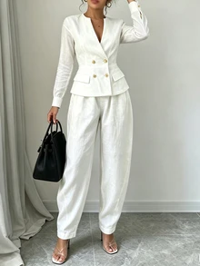 SHEIN Women's White V-Neck Bamboo Linen Metal Button Contrast Patchwork + Waist Pocket Lined Pants 2 Pieces Set, White Top, White Pants, Women's Vacation Outfit, Holiday Wear, Commute Wear, Casual Wear - White - View 7