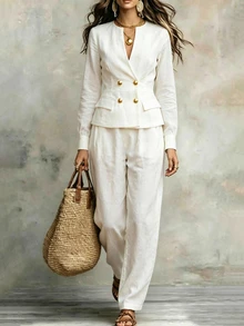 SHEIN Women's White V-Neck Bamboo Linen Metal Button Contrast Patchwork + Waist Pocket Lined Pants 2 Pieces Set, White Top, White Pants, Women's Vacation Outfit, Holiday Wear, Commute Wear, Casual Wear - White - View 8