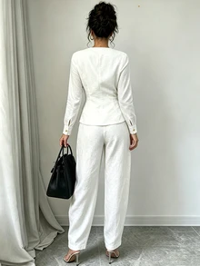 SHEIN Women's White V-Neck Bamboo Linen Metal Button Contrast Patchwork + Waist Pocket Lined Pants 2 Pieces Set, White Top, White Pants, Women's Vacation Outfit, Holiday Wear, Commute Wear, Casual Wear - White - View 4