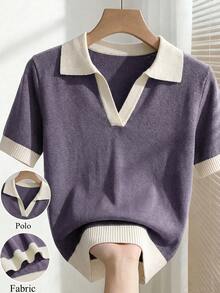 SHEIN 女款春夏對比色簡約休閒 Polo 領短袖修身針織上衣，適合日常穿著、度假、春季，優雅女式休閒百搭翻領短袖針織上衣，外出、海灘 - 淡紫色 - 查看 8