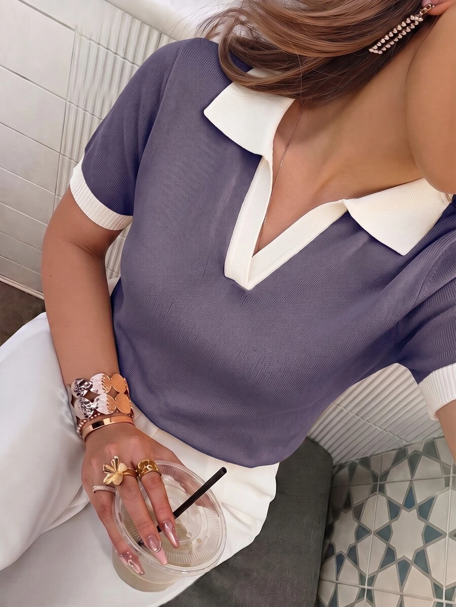 SHEIN 女款春夏對比色簡約休閒 Polo 領短袖修身針織上衣，適合日常穿著、度假、春季，優雅女式休閒百搭翻領短袖針織上衣，外出、海灘 - 淡紫色 - 查看 1