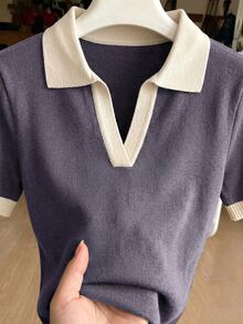 SHEIN 女款春夏對比色簡約休閒 Polo 領短袖修身針織上衣，適合日常穿著、度假、春季，優雅女式休閒百搭翻領短袖針織上衣，外出、海灘 - 淡紫色 - 查看 4