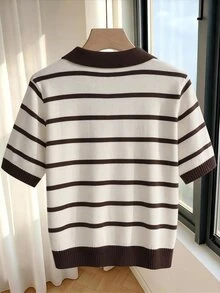SHEIN 女款春夏撞色 Polo 領短袖休閒法式修身針織上衣，適合日常穿著、度假、辦公室、海灘 - 彩色 - 查看 2