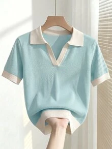 SHEIN 女款春夏淺藍色簡約休閒 Polo 領短袖修身針織上衣，適合日常穿著、度假、優雅百搭通勤 - 薄荷藍 - 查看 7