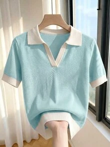 SHEIN 女款春夏淺藍色簡約休閒 Polo 領短袖修身針織上衣，適合日常穿著、度假、優雅百搭通勤 - 薄荷藍 - 查看 1