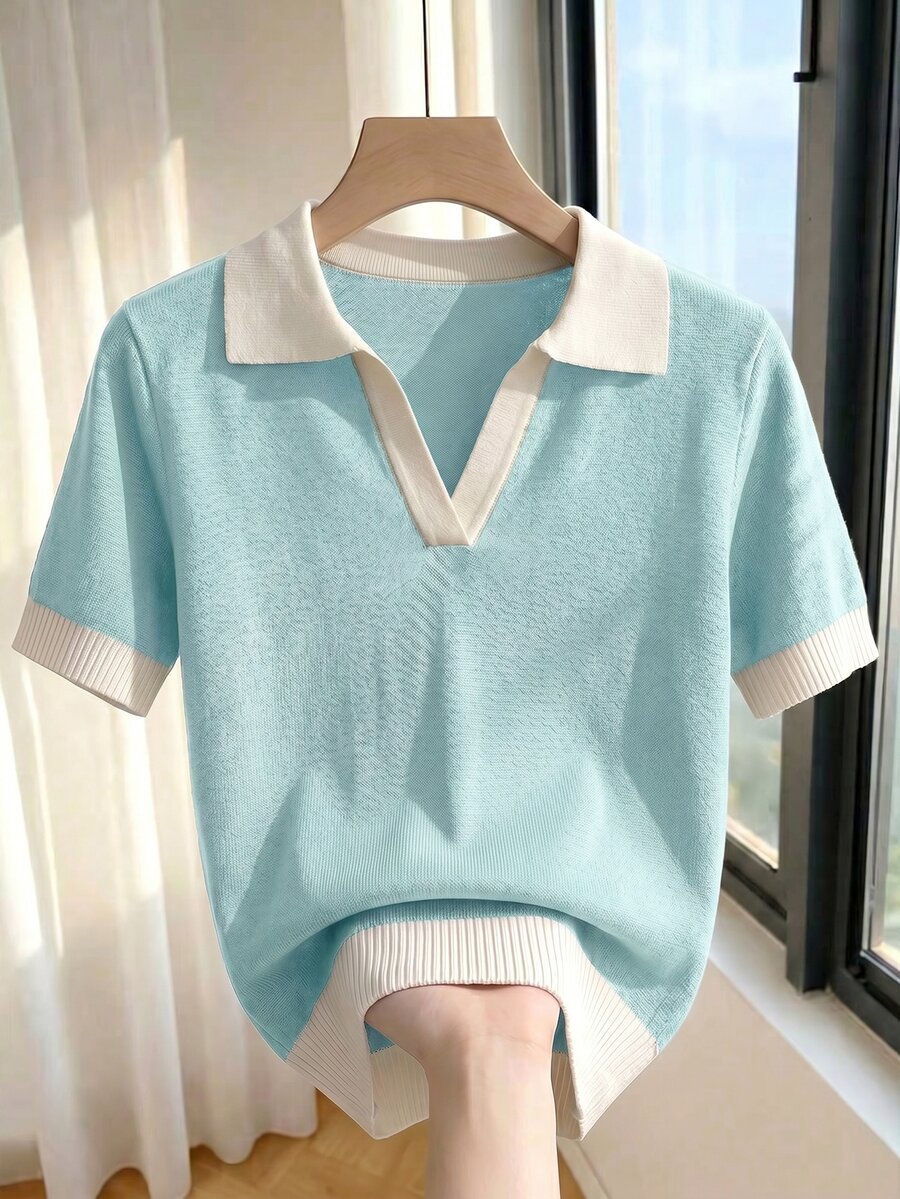 SHEIN 女款春夏淺藍色簡約休閒 Polo 領短袖修身針織上衣,適合日常穿著、度假、優雅百搭通勤 - 薄荷藍 - 查看 1