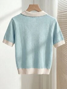 SHEIN 女款春夏淺藍色簡約休閒 Polo 領短袖修身針織上衣，適合日常穿著、度假、優雅百搭通勤 - 薄荷藍 - 查看 2