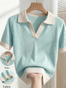 SHEIN 女款春夏淺藍色簡約休閒 Polo 領短袖修身針織上衣，適合日常穿著、度假、優雅百搭通勤 - 薄荷藍 - 查看 4
