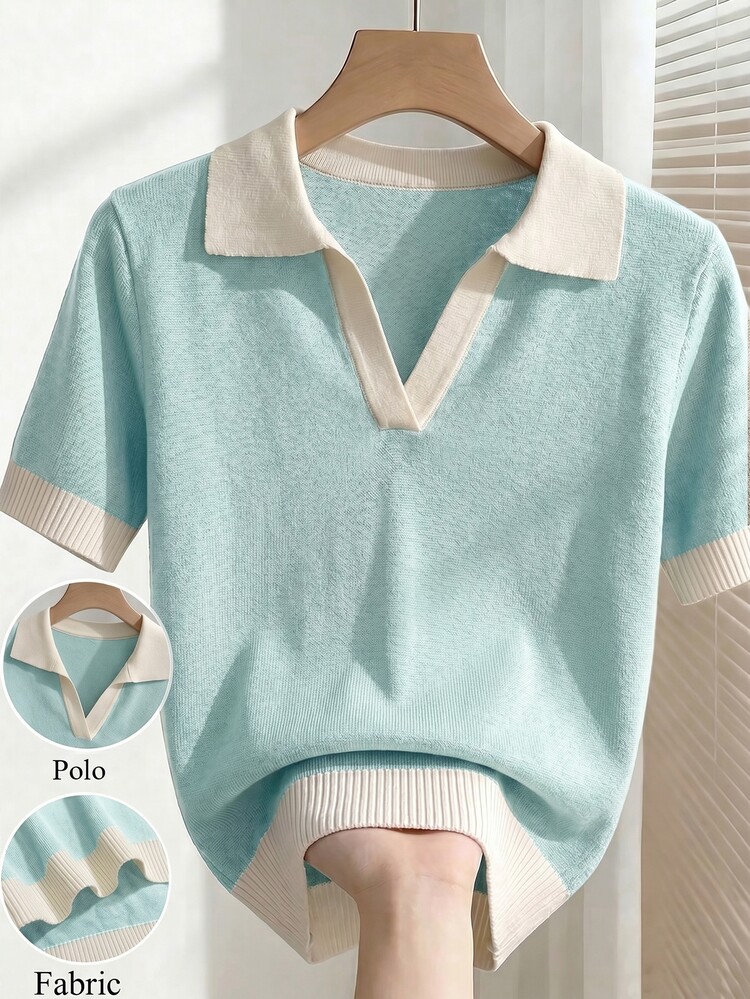 SHEIN Women's Spring/Summer Light Blue Simple Casual Polo Collar Short Sleeve Slim Fit Knit Top, Suitable For Daily Wear, Vacation, Elegant Versatile Office - Mint Blue - View 4