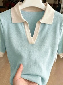 SHEIN 女款春夏淺藍色簡約休閒 Polo 領短袖修身針織上衣，適合日常穿著、度假、優雅百搭通勤 - 薄荷藍 - 查看 5