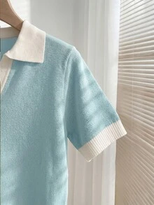 SHEIN 女款春夏淺藍色簡約休閒 Polo 領短袖修身針織上衣，適合日常穿著、度假、優雅百搭通勤 - 薄荷藍 - 查看 8