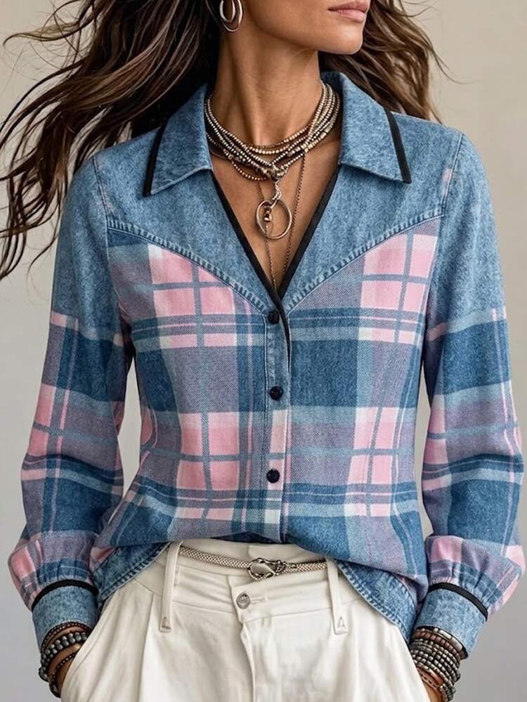 SHEIN Women's Plaid Denim Effect Print Single-Breasted Long Sleeve Shirt, Simple Casual Vintage Brunch Blue And Pink Autumn - Dusty Pink - View 1
