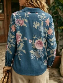 SHEIN Holidaya Women's Floral Print Single-Breasted Casual Boho Versatile Everyday Outing Shirt Vacation Blue And Pink Autumn - Blue - View 2