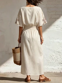 SHEIN Holidaya Women's Pink Floral Floral Print V Neck Split Maxi Dress, Boho Drawstring Waist Dress For Spring Summer Be Picnic Vacation - Apricot - View 2