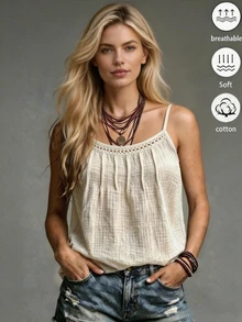 SHEIN Holidaya Women's Solid Color Pleated Casual Versatile Daily Wear Camisole Top - Apricot - View 6