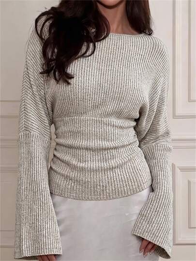 SHEIN Women's Elegant Casual Y2K Vibe Light Grey Ribbed Knit Blouse Crew Neck Batwing Long Sleeve Side Ruched Waist Cropped Streetwear Summer Top Brunch