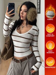 Coolane 女款秋冬街頭風外穿約會辦公穿搭修身保暖羅紋針織V領T恤保暖內搭衫 - 棕色 - 查看 3