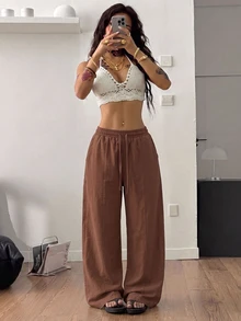 Coolane 女款秋冬街頭風休閒度假復古百搭日常穿著老錢風水洗100%純棉棕色寬鬆弧形下擺長褲 - 棕色 - 查看 2