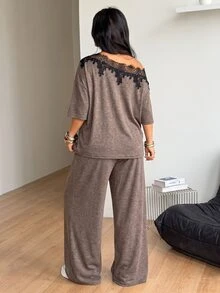 Coolane Women's Plus Size Summer Elegant Basic Daily Wear Going Out Comty Lace Patchwork Brown Off Shoulder T-Shirt And Wide Leg Sweatpants Two Pieces - Khaki - View 7